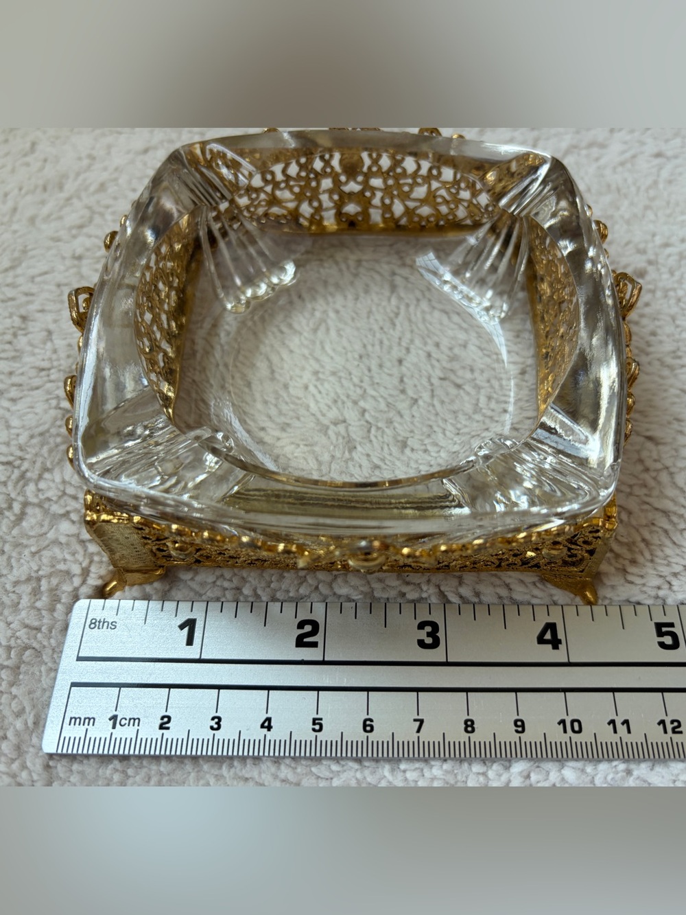 Vintage Ashtray With Gold Tone Ormolu Filigree Footed Stand Hollywood Regency - Picture 3 of 11